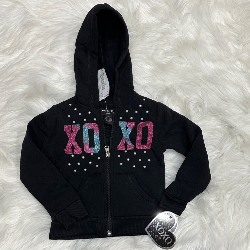 👉 XOXO Girls Hoodie Jacket Black XO Glitter Stud Full Zip Size 2T Brand New